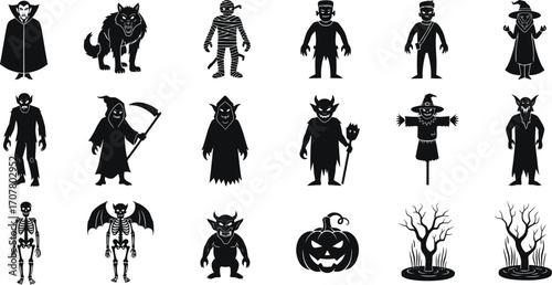 Spooky Halloween characters and symbols create a festive, eerie atmosphere for your holiday designs.