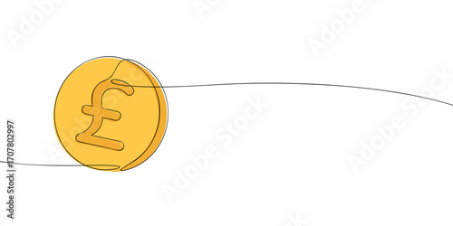 Continuous line drawing of a gold coin with pound sterling sign. Minimal vector illustration of money, finance, currency, savings, economy, and banking design template