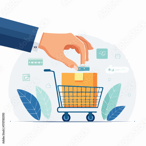 Hand Placing Cardboard Box Into Mini Shopping Cart With Online Shopping Icons