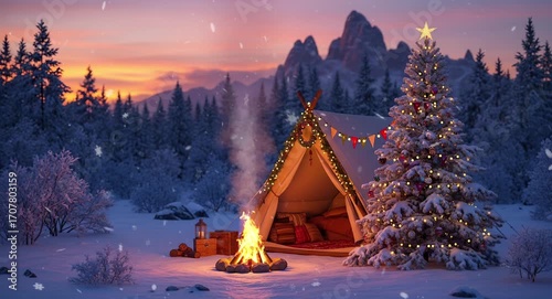 Bonfire and tent near pine tree with winter decorations on snowy landscape. Holiday and nature concept
Seamless looping, virtual video animation background. Generated AI	