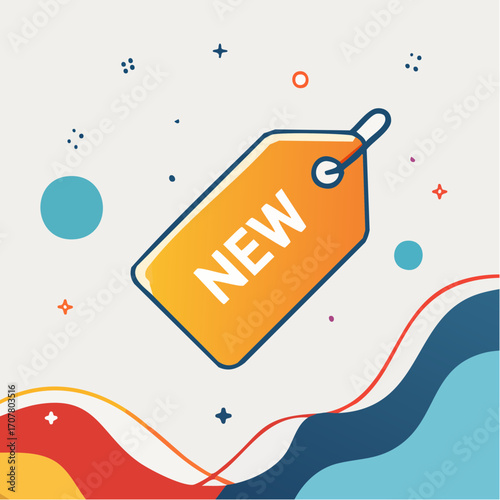 New Orange Product Tag on Colorful Wavy Background