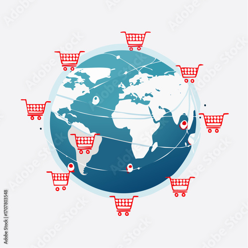 Global E-Commerce Network With Shopping Carts Around Globe