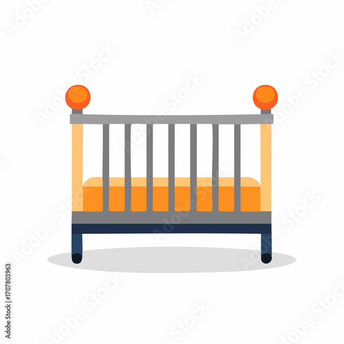 Empty Orange And Gray Baby Crib With Round Corner Posts