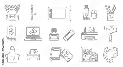 Line art illustration featuring various art supplies and tools, including a backpack, paintbrush, tablet, paint tube, laptop, and easel.