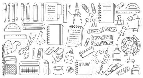 An overhead view of a collection of various stationery items, including pens, pencils, notebooks, rulers, and other office and school supplies, all in a hand-drawn, outlined style.