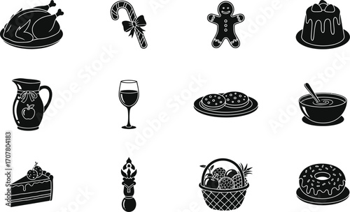 Christmas food and drink icon set. Collection of holiday meal and dessert glyphs. Includes turkey, gingerbread man, cake, and wine for festive seasonal design.
