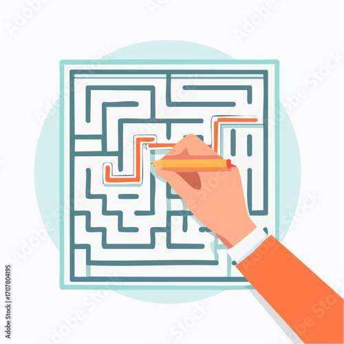 Hand Solving Maze Puzzle with Pencil on White Background