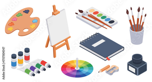 Isometric illustration of art supplies including a palette, easel, canvas, paints, brushes, sketchbook, color wheel, and inkwell.