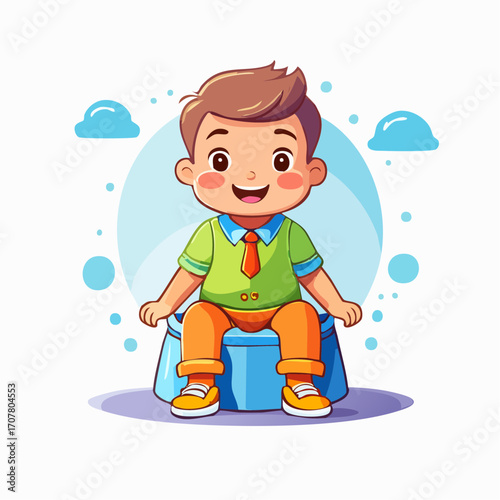 Smiling Boy Potty Training on Blue Potty