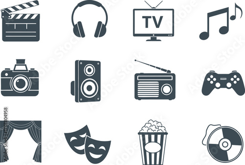 Entertainment and media icons like cinema, music, gaming, and broadcasting for creative projects