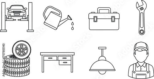 Auto repair shop outline icons set car service and maintenance