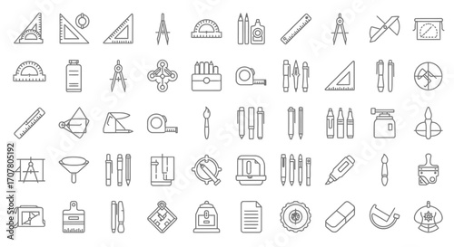 A collection of outline icons representing various drafting, drawing, and design tools, arranged in a grid pattern on a white background.