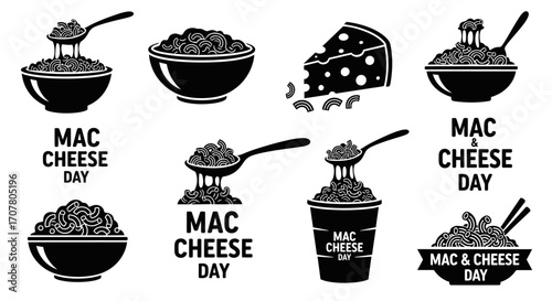 Black and white vector illustrations depicting macaroni and cheese in bowls, cups, and a cheese slice, with "Mac & Cheese Day" text.