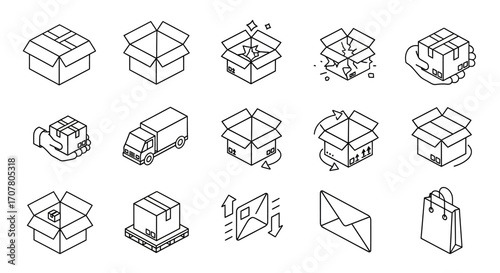 A collection of isometric line art icons depicting various stages of packaging, delivery, and shipping processes, including boxes, trucks, and envelopes.