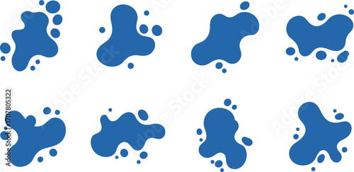 Abstract blue paint splatters and blobs diverse shapes on transparent background