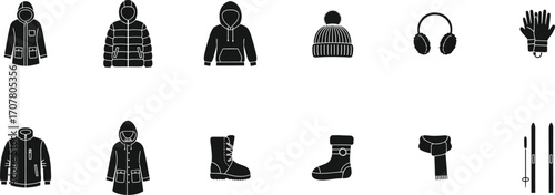 Essential winter clothing and gear icons for cold weather adventures and lifestyle.