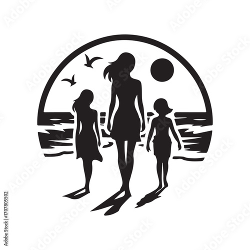 family beach walking vector silhouette clip art logo design illustration