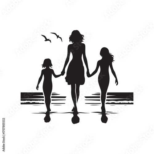family beach walking vector silhouette clip art logo design illustration