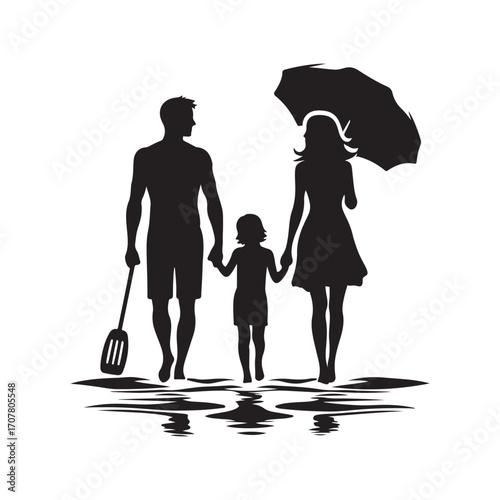 family beach walking vector silhouette clip art logo design illustration