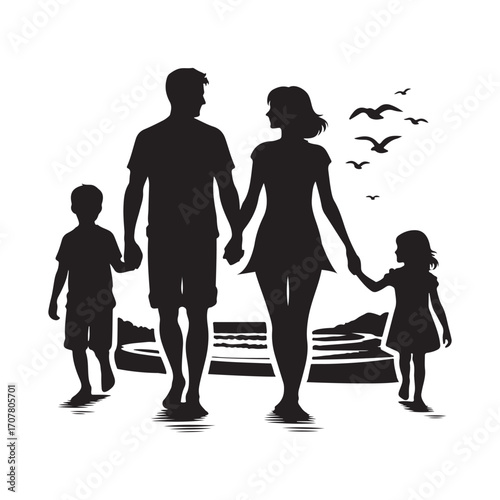 family beach walking vector silhouette clip art logo design illustration