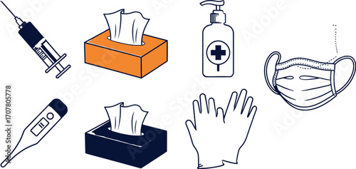 Illustration of medical supplies and hygiene products cartoon