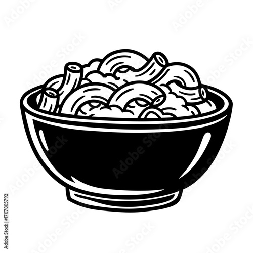 A black and white illustration of a bowl filled with macaroni and cheese.