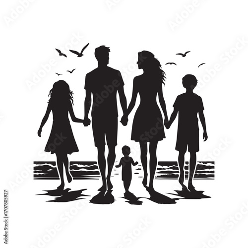 family beach walking vector silhouette clip art logo design illustration