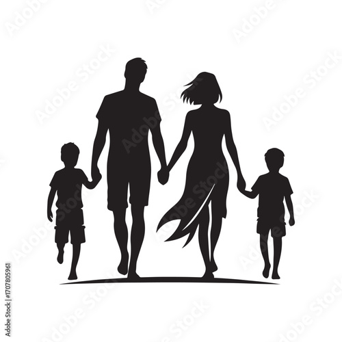 family beach walking vector silhouette clip art logo design illustration