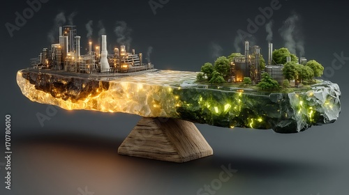 Glowing balance scale planet Earth on one side and advanced renewable technology on the other futuristic concept representing sustainable harmony between global ecology and clean innovation