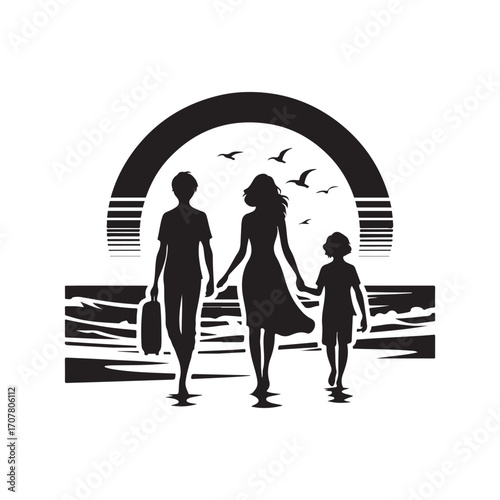family beach walking vector silhouette clip art logo design illustration
