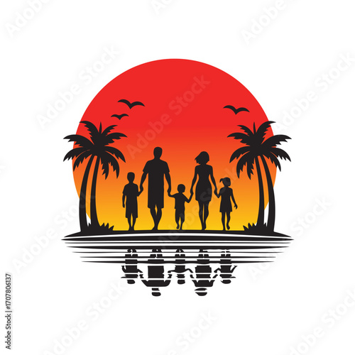 family beach walking vector silhouette clip art logo design illustration