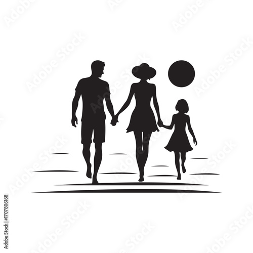 family beach walking vector silhouette clip art logo design illustration