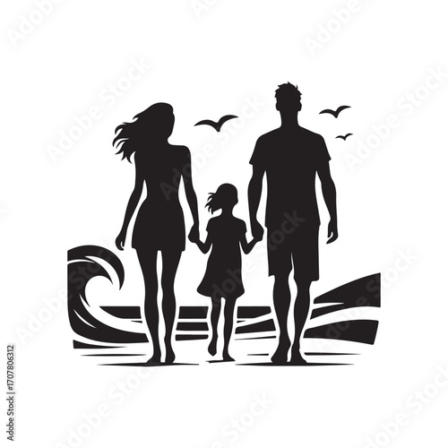 family beach walking vector silhouette clip art logo design illustration
