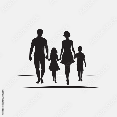 family beach walking vector silhouette clip art logo design illustration