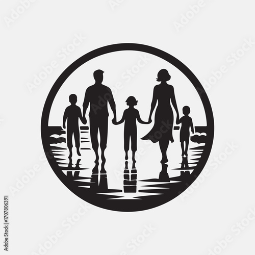 family beach walking vector silhouette clip art logo design illustration
