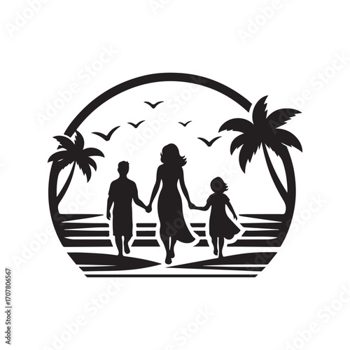 family beach walking vector silhouette clip art logo design illustration