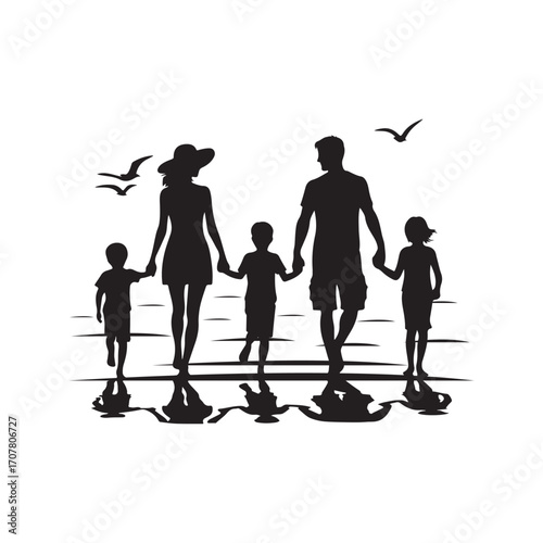 family beach walking vector silhouette clip art logo design illustration