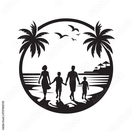 family beach walking vector silhouette clip art logo design illustration