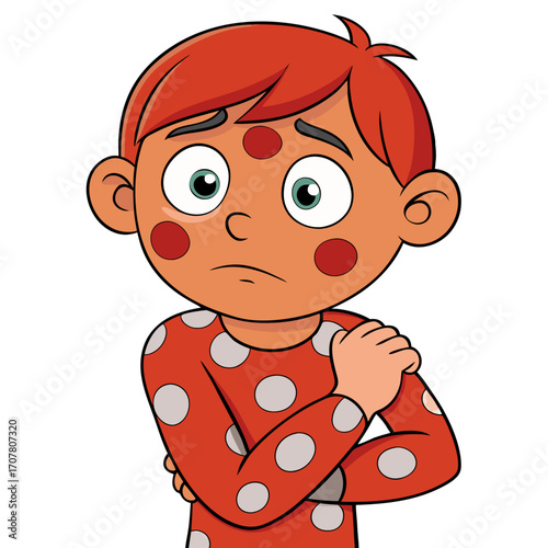 cartoon child covered in red spots scratching arm