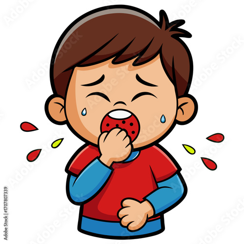 cartoon child sneezing with pollen floating around