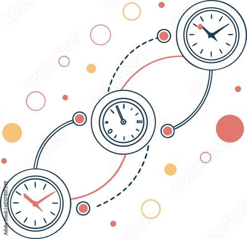 Three clocks connected by lines and circles on a transparent background, time connection