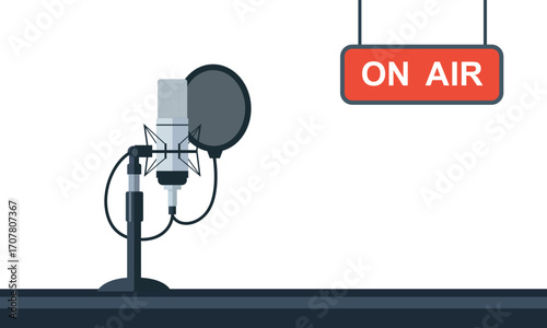 Professional studio microphone with pop filter and on air sign for podcast recording and broadcast
