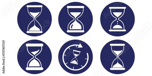 set of sand clock illustrations with varying frames and sand amounts. Hourglass shapes in multiple variations. Vector icon set of hourglasses with falling sand.