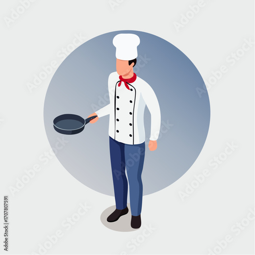 Flat Vector Illustration of Chef Character with Frying Pan