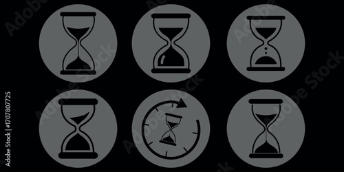 set of sand clock illustrations with varying frames and sand amounts. Hourglass shapes in multiple variations. Vector icon set of hourglasses with falling sand.