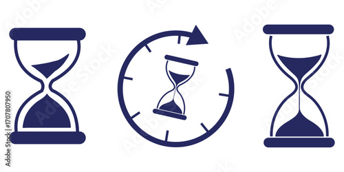 set of sand clock illustrations with varying frames and sand amounts. Hourglass shapes in multiple variations. Vector icon set of hourglasses with falling sand.
