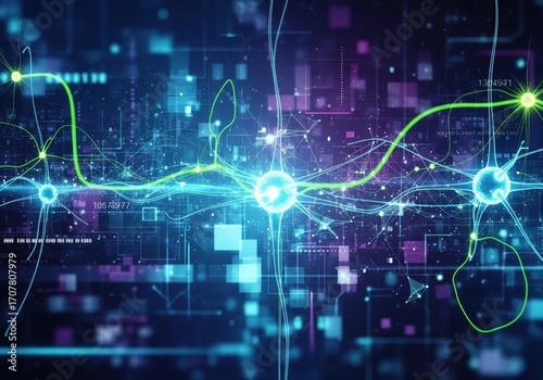 Abstract visualization of a complex logistics network with data analytics dashboards and glowing pathways. Futuristic digital map showing interconnected data routes and a supply chain infrastructure 
