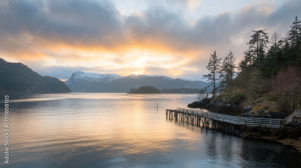 Fototapeta premium Sunset over tranquil waters with dock and distant mountains in the background