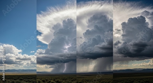 Fototapeta Naklejka Na Ścianę i Meble -  Time-lapse of a developing storm cloud from clear sky to rain, over a distant desert landscape