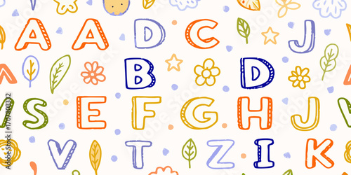 Cute hand drawn alphabet letters and playful elements seamless pattern for kids